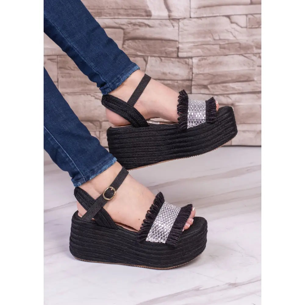 Sandalias negras de plataforma con embellecimientos brillantes Plataforma Yute Capellada Yute Brillo TC662