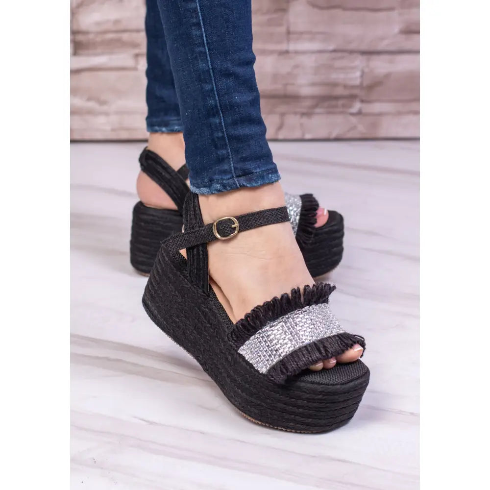 Sandalias de cuña negra Plataforma Yute Capellada Yute Brillo TC662 en exhibición