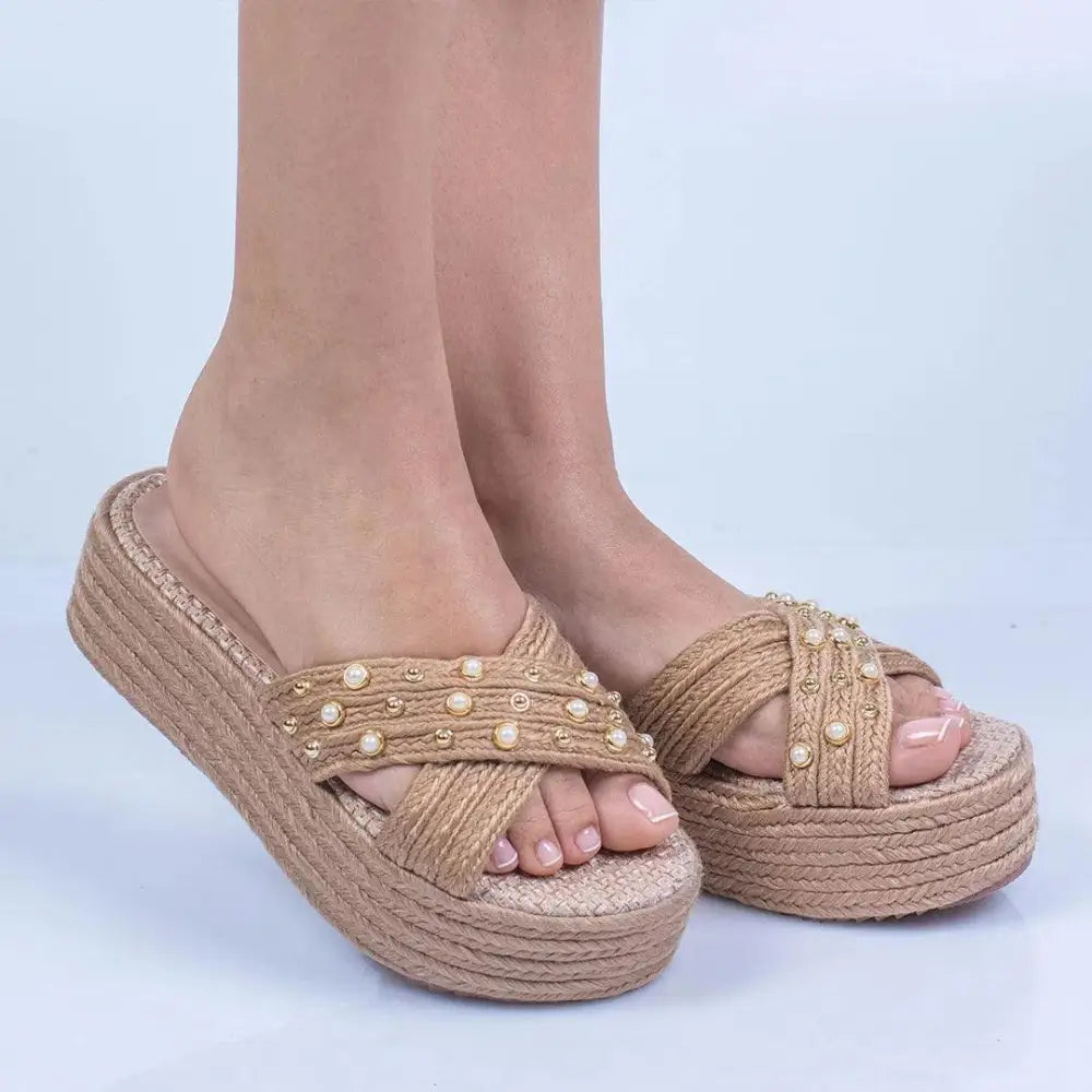 Sandalias de plataforma beige, modelo Plataforma Yute Capellada Yute Cruzada para Mujer - TC291