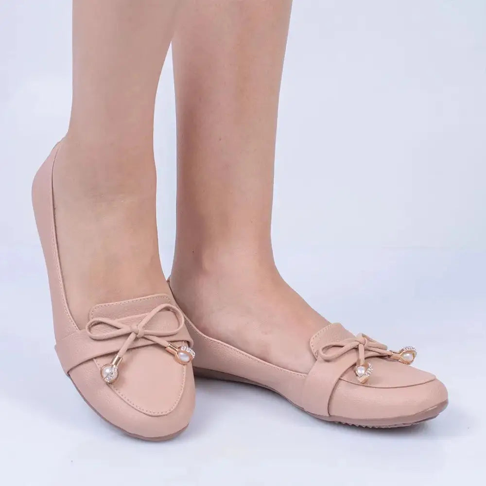 Mocasines beige adornados con lazo, modelo Baleta Corbata para Mujer - EM76