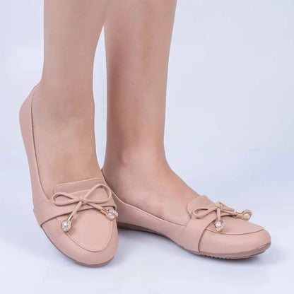 Mocasines beige adornados con lazo, modelo Baleta Corbata para Mujer - EM76