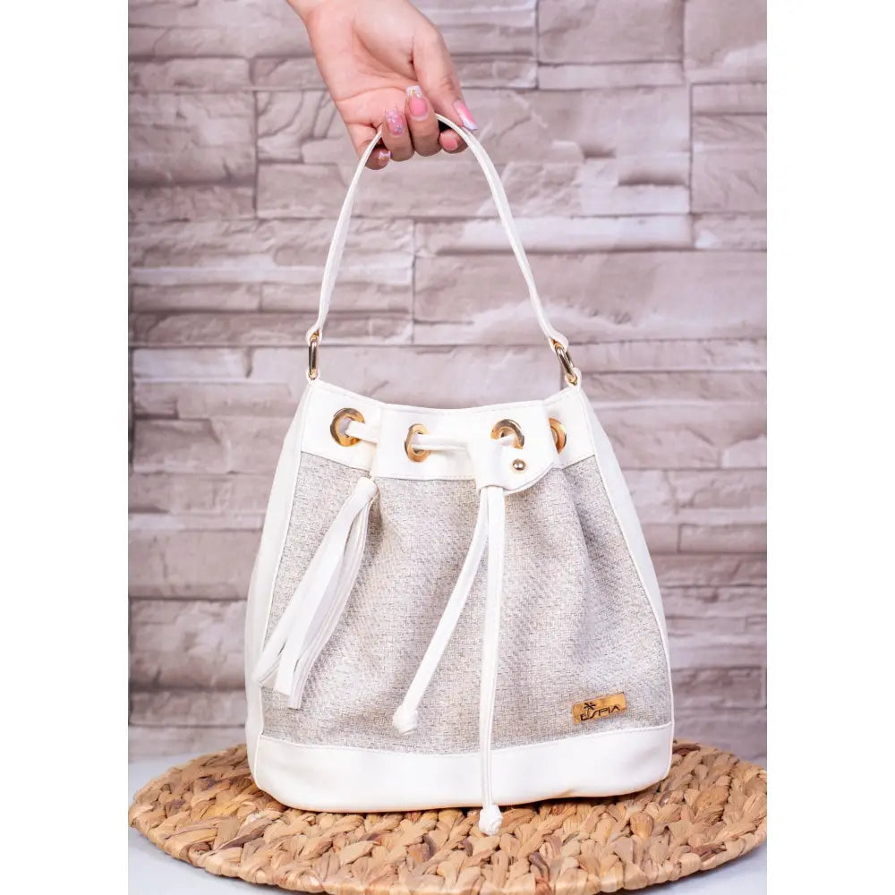 Bolso de Moda para Dama EC247, mochila de drawstring en blanco y beige