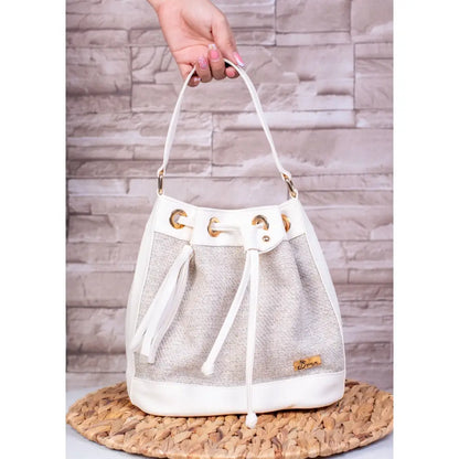 Bolso de Moda para Dama EC247, mochila de drawstring en blanco y beige