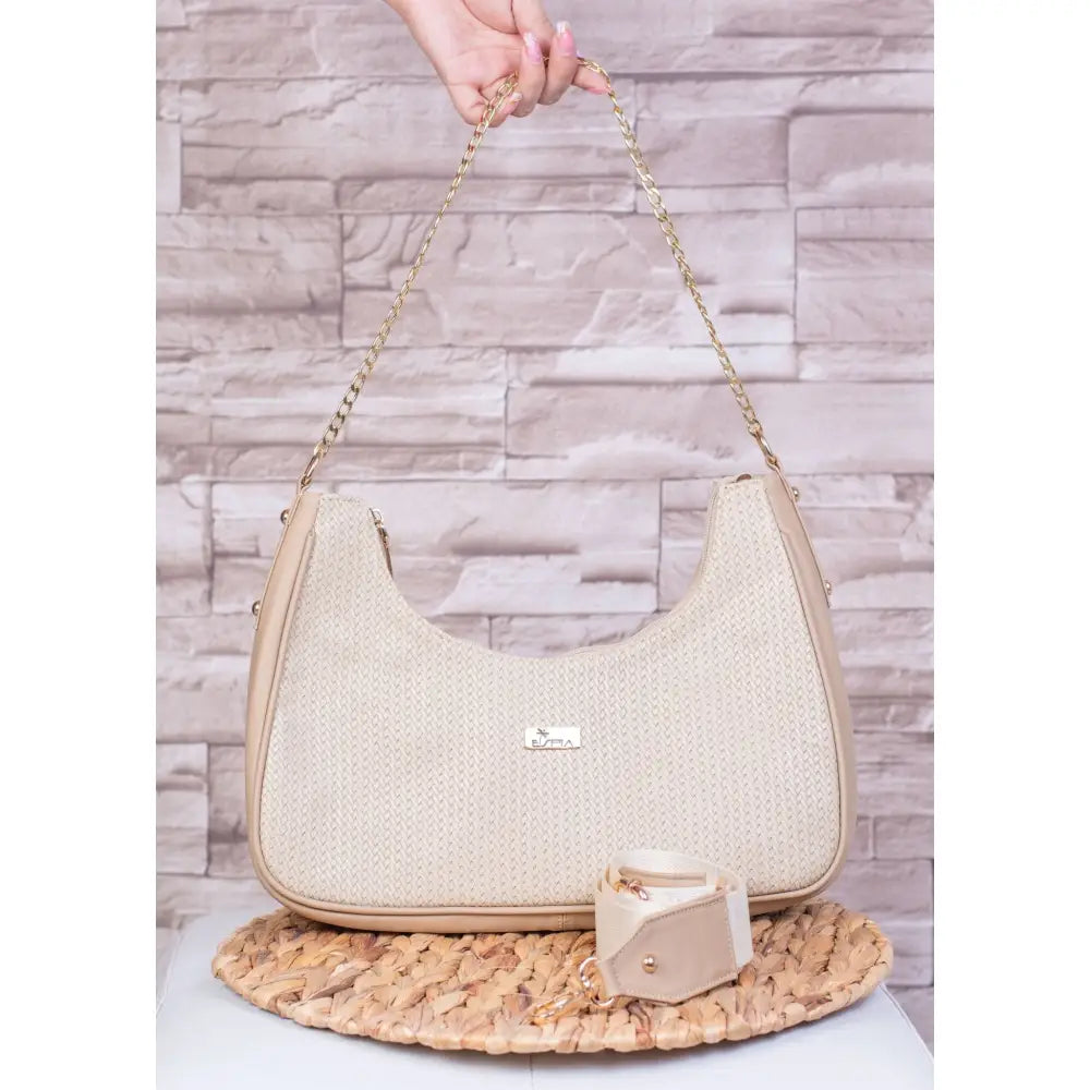Bolso de Moda para Mujer EC246, bolso beige tejido con cadena de hombro