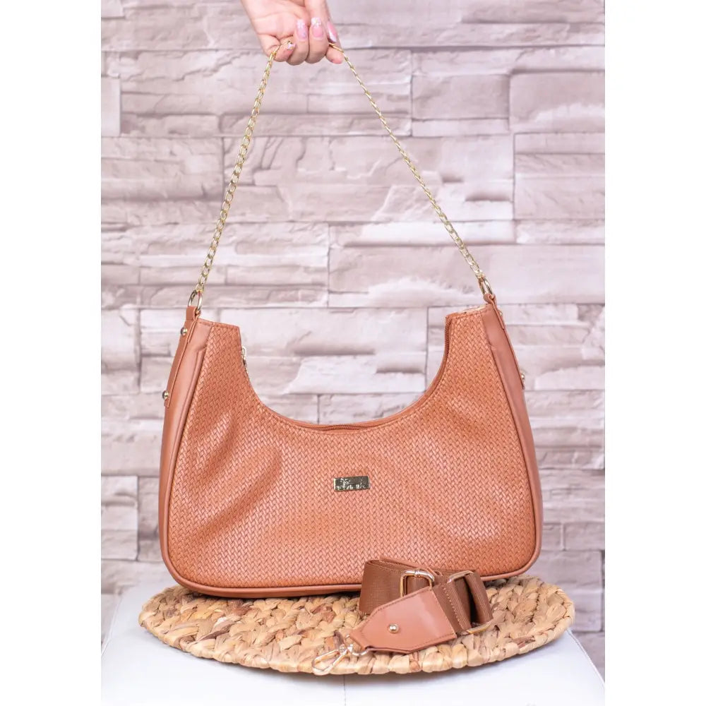 Bolso de Moda para Mujer EC246, bolso de hombro marrón tejido con cadena dorada
