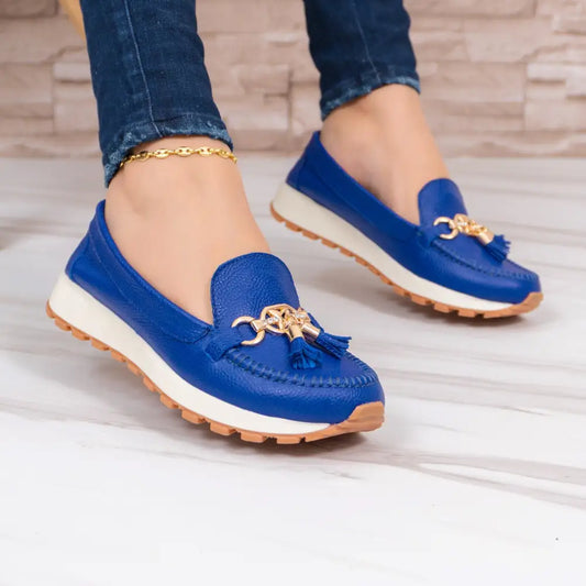 Mocasín en Cuero para Mujer ME724, zapatos de charol azul con detalles dorados