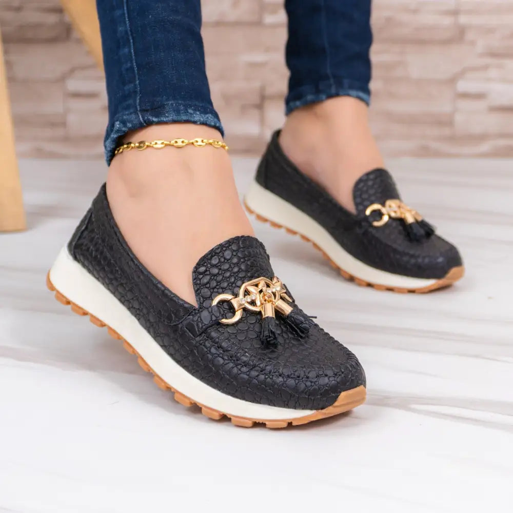 Mocasines en cuero para mujer ME728, loafers negros texturizados con acentos dorados