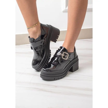 Zapatos de charol negro plataforma Mocasin Mary Jane Chunky CG3097 de moda