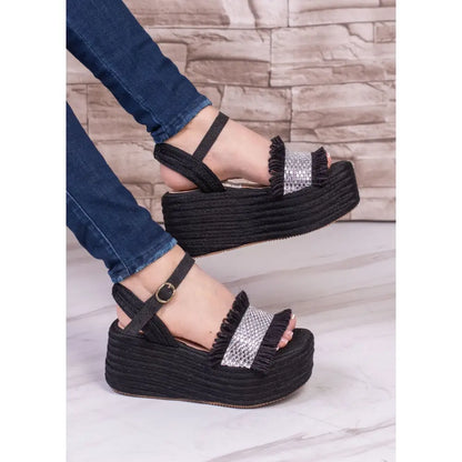 Sandalias negras de plataforma con embellecimientos brillantes Plataforma Yute Capellada Yute Brillo TC662