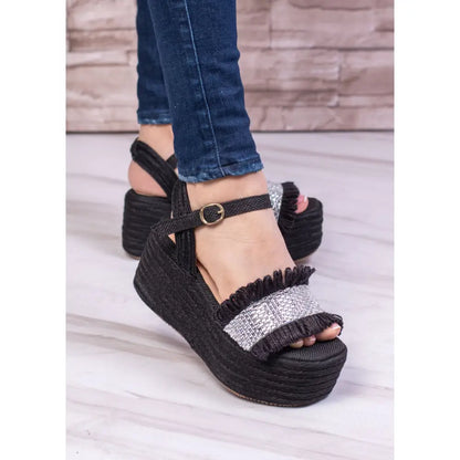 Sandalias de cuña negra Plataforma Yute Capellada Yute Brillo TC662 en exhibición