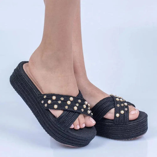 Sandalias negras de plataforma con perlas, modelo Plataforma Yute Capellada Yute Cruzada para Mujer - TC291