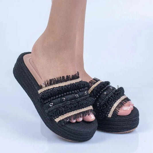 Sandalias de plataforma negra de yute para mujer, modelo Plataforma Yute Capellada Yute