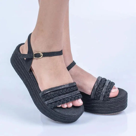 Sandalias negras de plataforma yute para mujer modelo TC5191 con trenza elegante