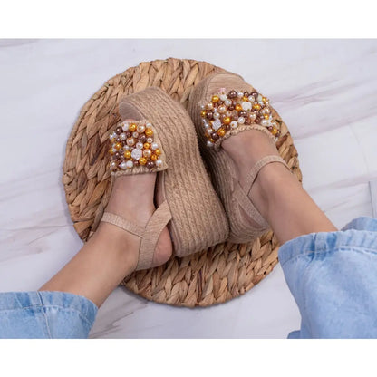 Sandalias de cuña de yute con perlas para mujer - Plataforma Yute Perlas TC980