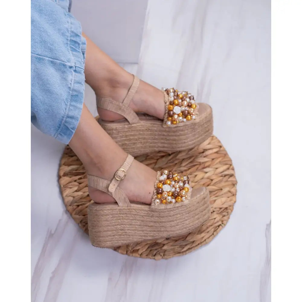 Sandalias de plataforma con perlas para mujer - Plataforma Yute Perlas para Mujer - TC980