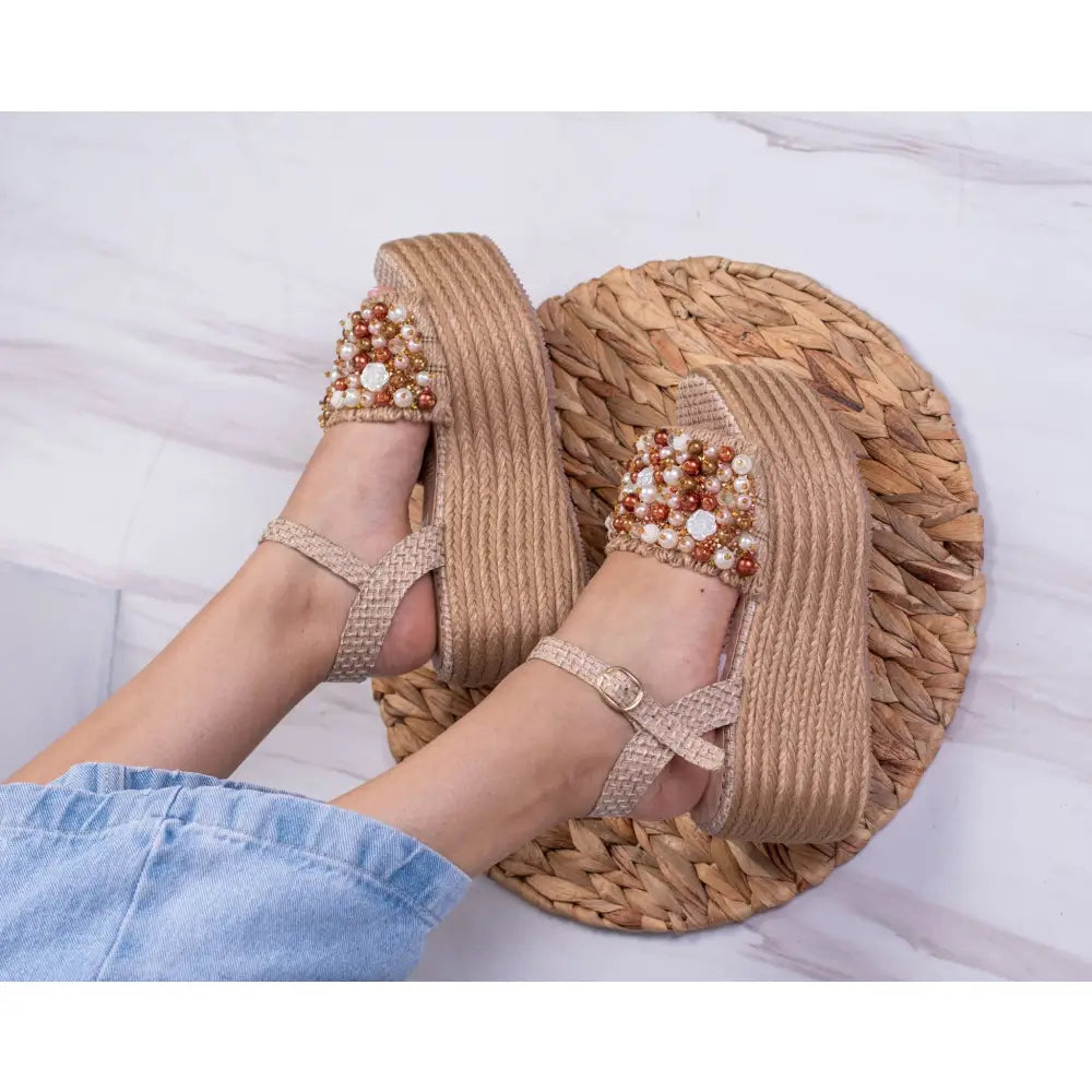 Sandalias de cuña de yute con perlas para mujer, modelo Plataforma Yute Perlas TC980