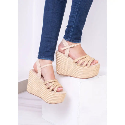 Sandalias de plataforma trenzadas de yute beige para mujer, modelo TC1671
