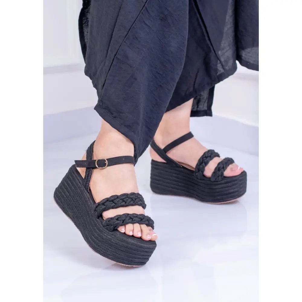 Plataformas con Tiras de Yute Tejidas – Boho Cómodas y Estilizadas TC517 - Negro / 35 - Plataforma