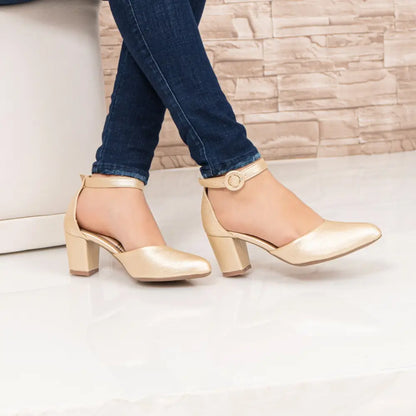 Zapatos Tacon Cuadrado Grueso con Tobillera CM289 en dorado, elegantes y chic