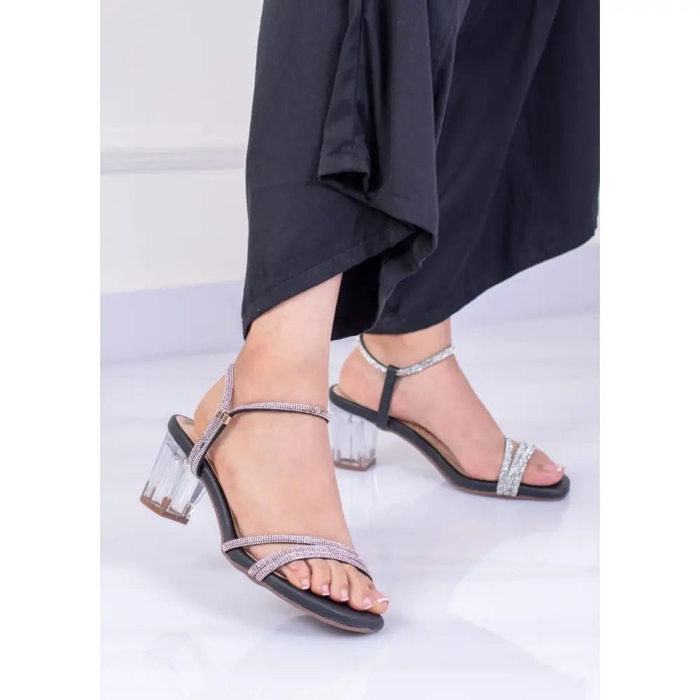 Tacón Transparente y Tiras con Brillos - Sandalias negras con brillos elegantes