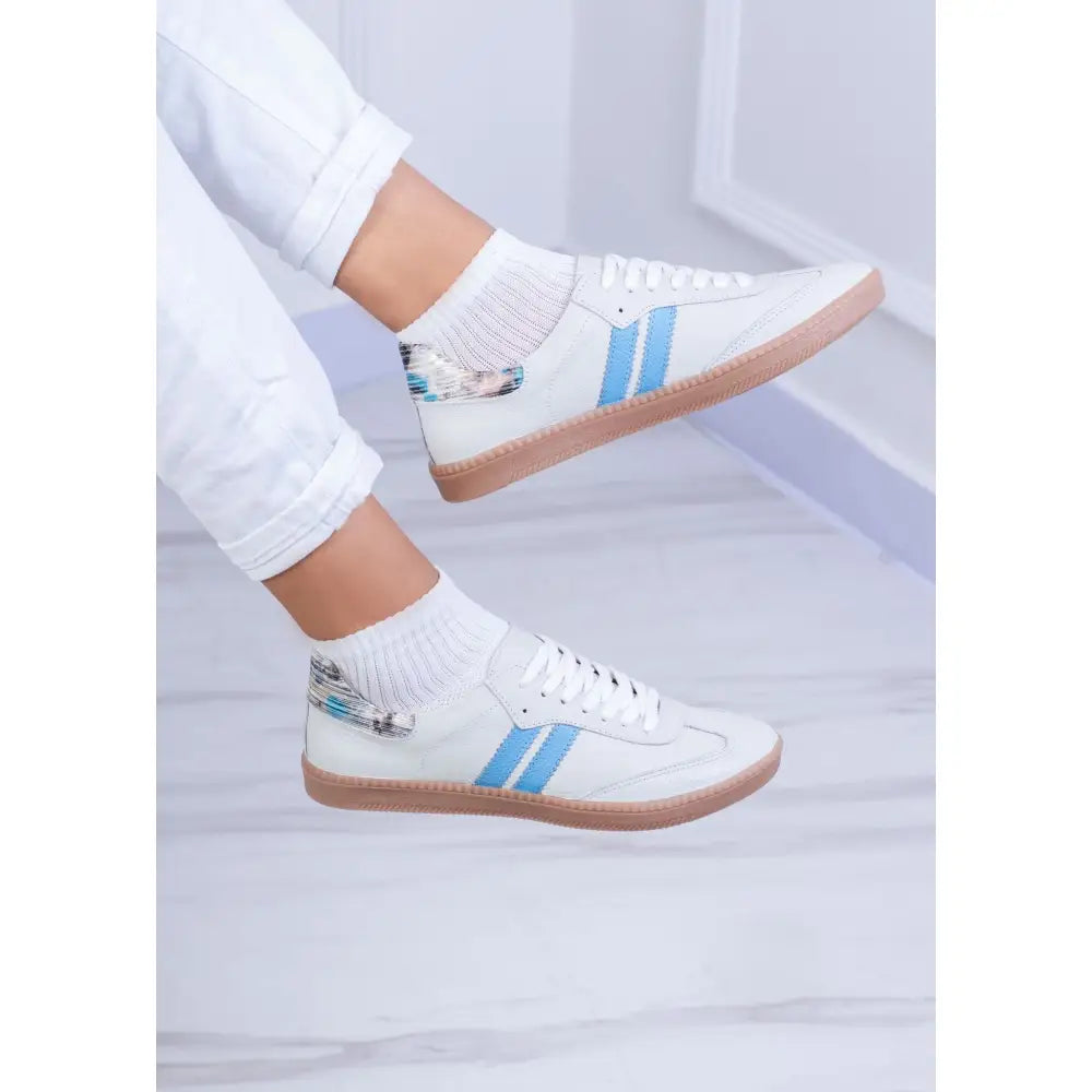 Tenis De Dama en Cuero Dos Lineas TE25, zapatillas blancas con rayas azules
