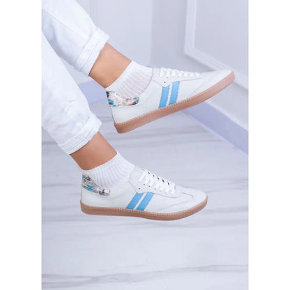 Tenis De Dama en Cuero Dos Lineas TE25, zapatillas blancas con rayas azules