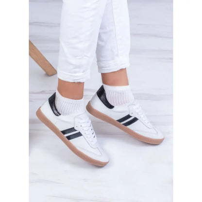 Tenis De Dama en Cuero Dos Lineas TE25, zapatillas blancas con rayas negras y suelas de goma