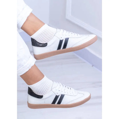 Tenis De Dama en Cuero Dos Lineas - TE25, zapatillas blancas con rayas negras