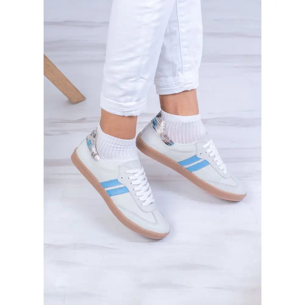 Tenis De Dama en Cuero Dos Lineas TE25, zapatillas blancas con rayas azules