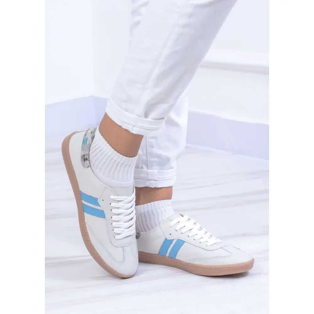 Tenis De Dama en Cuero Dos Lineas - TE25, zapatillas blancas con rayas azules