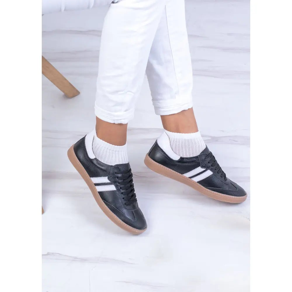 Tenis de Dama en Cuero Dos Lineas TE25, zapatillas negras con rayas blancas