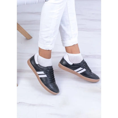 Tenis de Dama en Cuero Dos Lineas TE25, zapatillas negras con rayas blancas