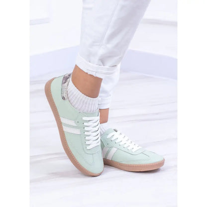 Tenis De Dama en Cuero Dos Lineas - TE25 en color verde menta