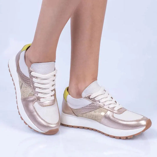 Tenis Deportivo de Moda en Cuero para Mujer TE17 en dorado y blanco