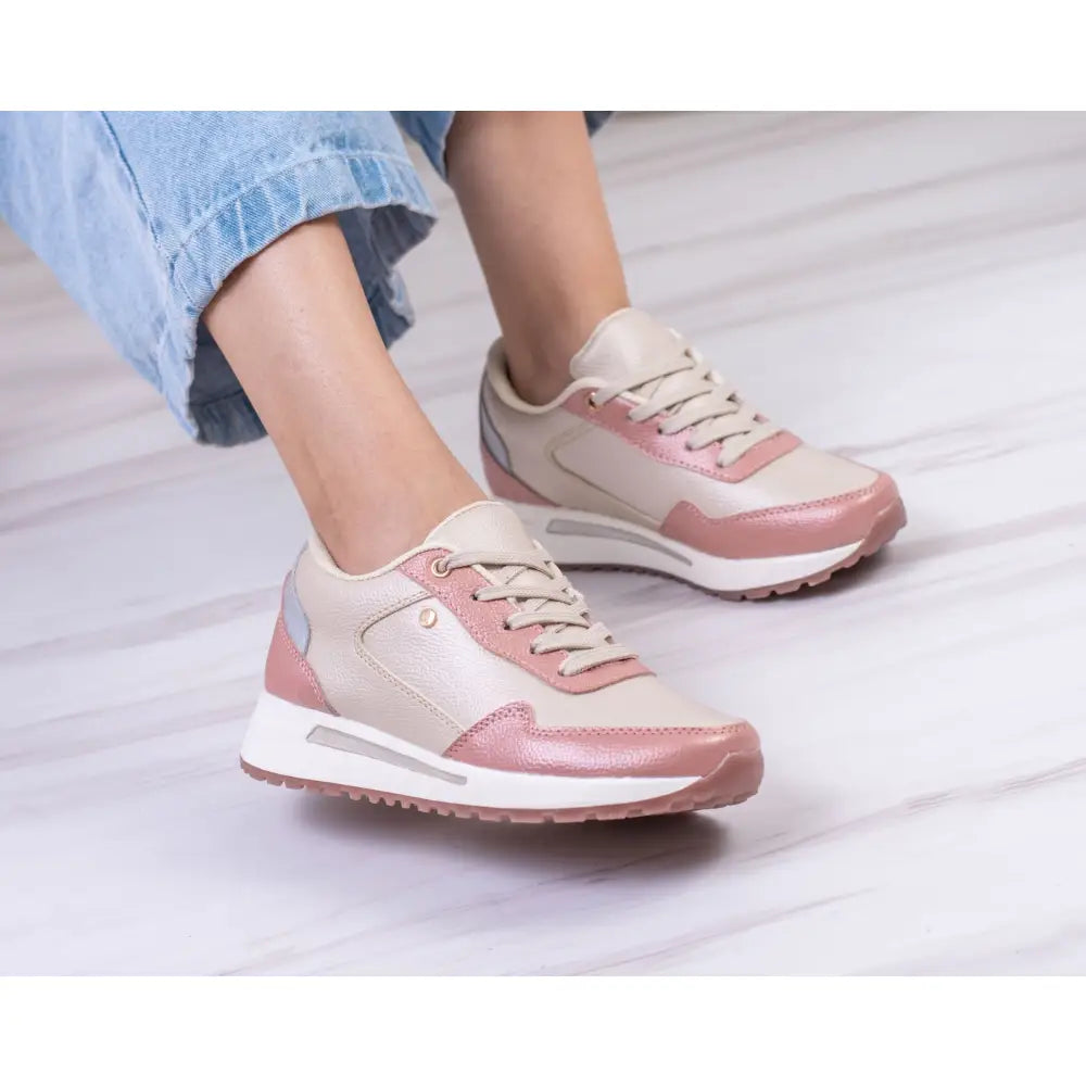 Tenis Deportivo de Moda GS086 en color beige y rosa de piel